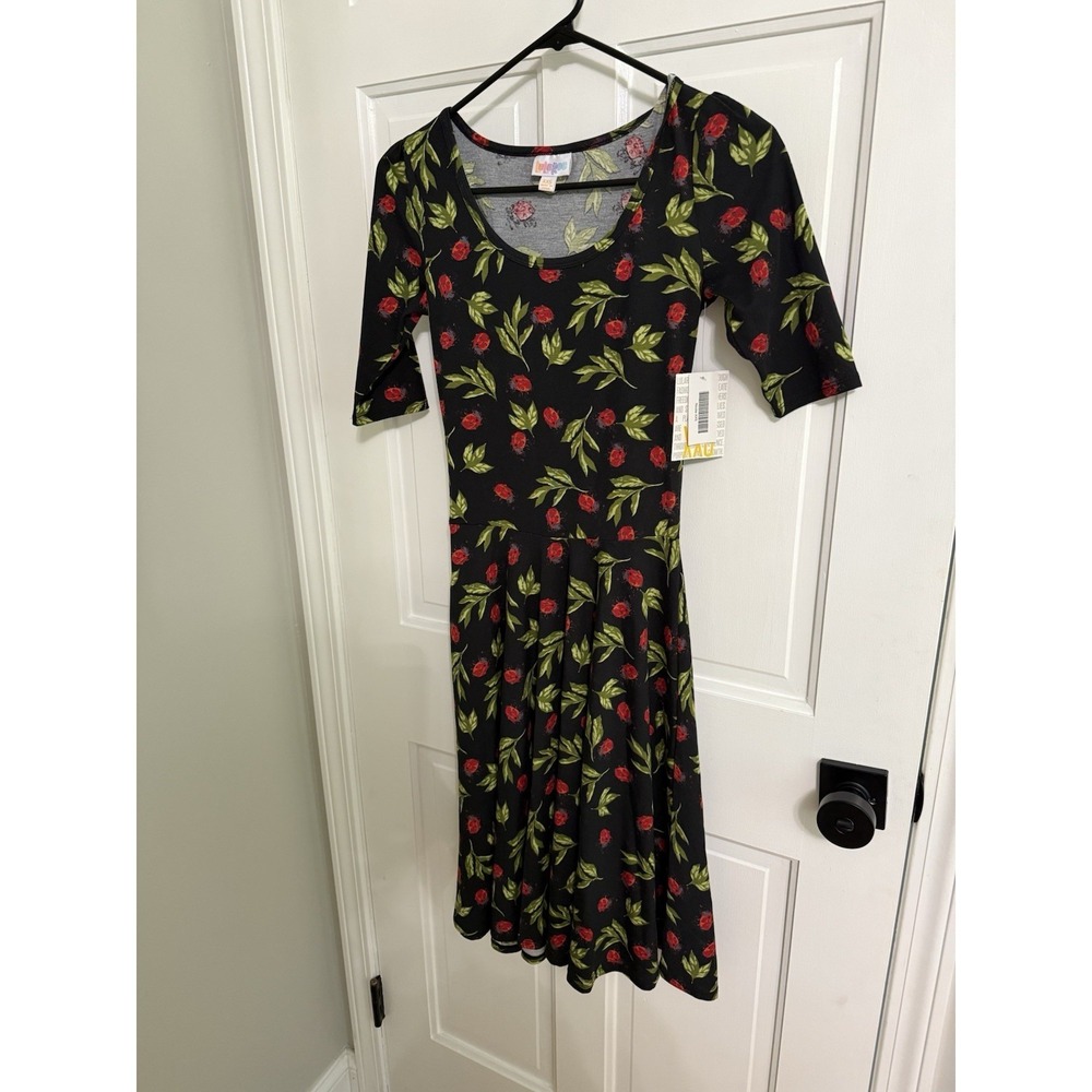 NWT Lularoe Nicole Dress Ladybug‎ Leaves Black Stretch Dress Sz XXS